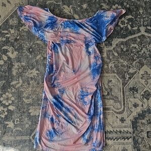 Maternity Pink and Blue Tie-Dye Off-Shoulder Dress